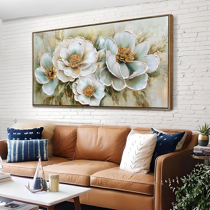 Arjun Framed Canvas Wall Art for Bedroom, Large Wood Frame Vintage Flower Painting Living Room Textured Artwork Gold Picture Bloosom Dining Room Kitchen Home Office Wall Decor, 48"x24"