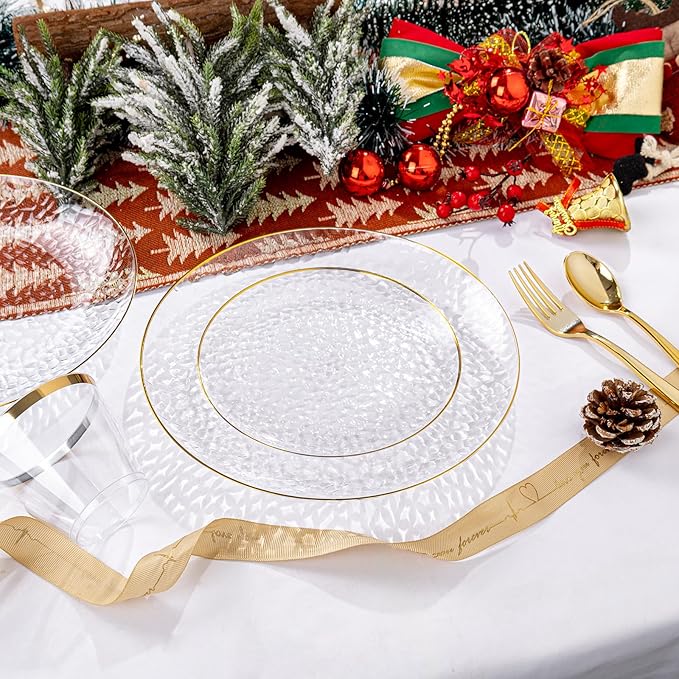 Rubtlamp 175 Pcs Plastic Dinnerware Set (25 Guests), Clear And Gold Plastic Plates, Hammered Party Plates Include Dinner Platos, Dessert Platos, Cups, Gold Cutlery Set And Napkins for Christmas