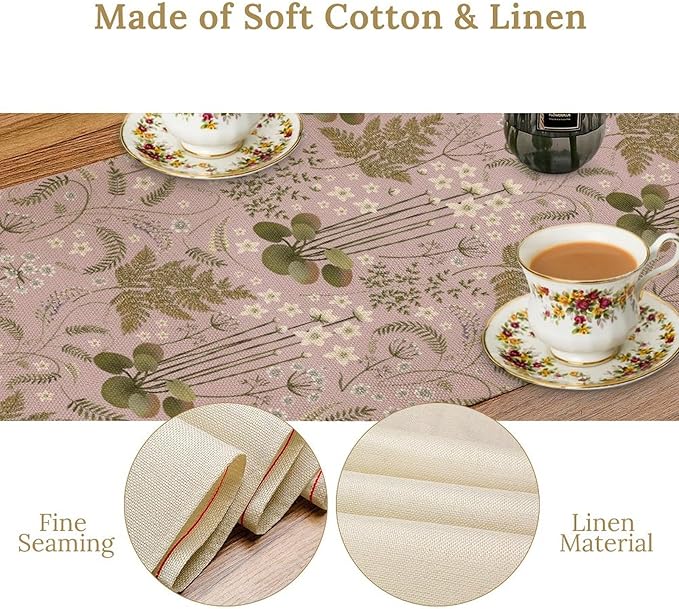 Spring Floral Table Runner, Rustic Retro Field Herbal Plant Purple Pink Wildflower Country Natural Floral Fern Print Table Cover for Indoor Outdoor Dinner Party Decor, 13x36inch