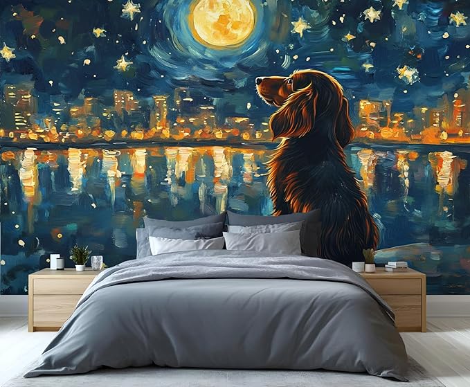 KIREUPA Dog and Moon Night Sky Wall Mural, Starry Night Cityscape 3d Wall Murals, Nighttime Dog Reflection Wallpaper Mural, for Living Room Bedroom Large Wallpaper Indoor Decor 59" W x39.4 H