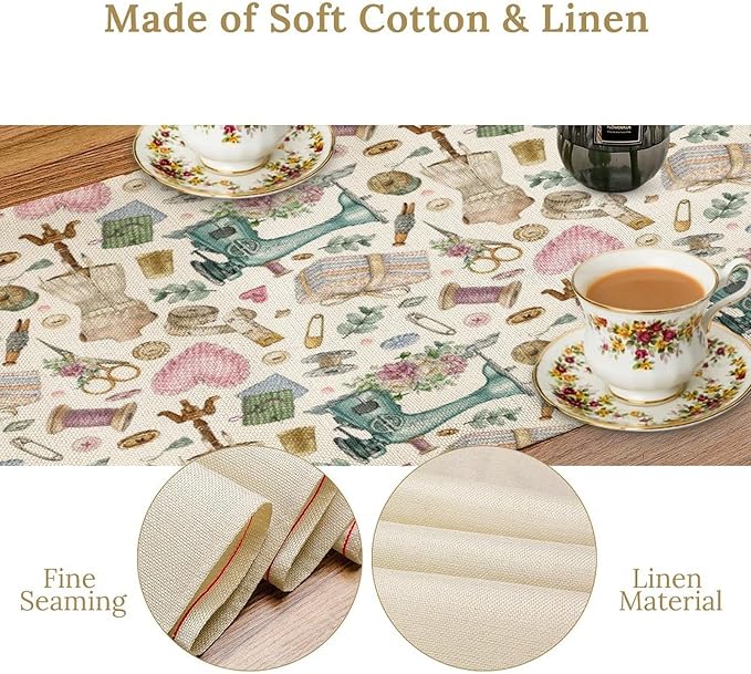 Sewing Theme Table Runner,Vintage Sewing Machine Tool Watercolor Pattern Print Tablecloth Burlap for Hotel Indoors Outdoor Dining Room Kitchen Home Decor,W13X L36 in