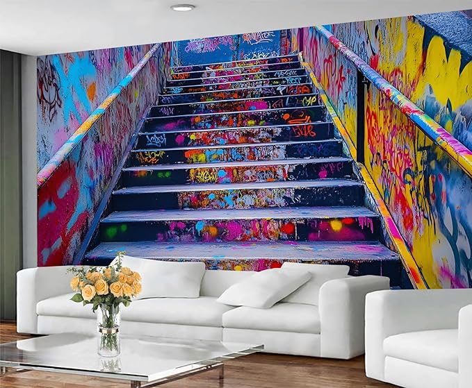 Graffiti Staircase Wall Mural, Urban Street Art 3D Wall Murals, Modern Hip-Hop Colorful Graffiti Steps Wallpaper Mural, for Living Room Bedroom Large Wallpaper Indoor Decor 169.3" W x118.2 H