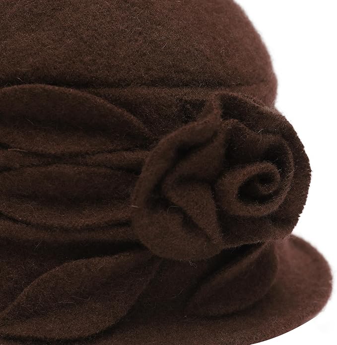ZLYC Women Wool Cloche Bucket Hat 1920s Vintage Dress Winter Hats with Flower Accent