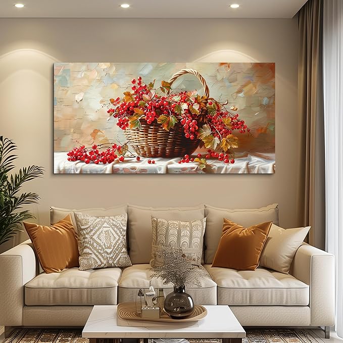 hyidecorart Large Canvas Print Wall Art Rustic Dining Room Artwork For Walls Still Life Bamboo Basket And Fruit Vintage Wall Decor Modern Pictures For Living Room Kitchen Bar Paintings Ready To Hang