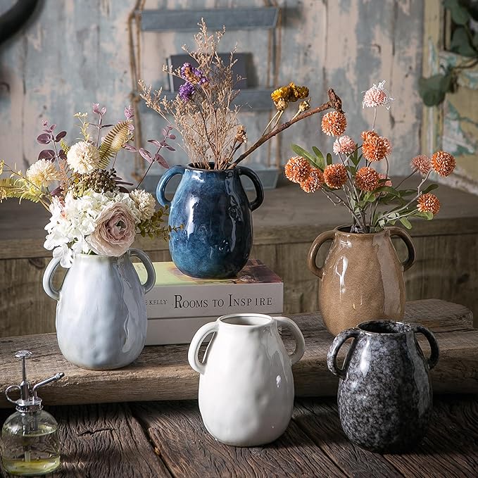 Gray Ceramic Vase with 2 Handles, Modern Farmhouse Decor, Rustic Terracotta Pottery, Decorative Flower Vases, Clay Small Vase, Centerpiece for Dining Table - 7 Inch Tall