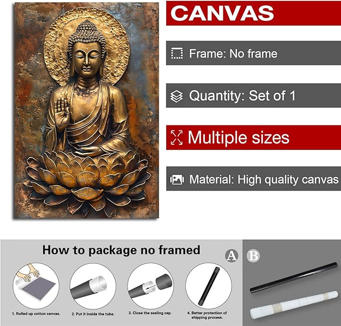 Buddha Wall Art Golden Buddha in Lotus Seat Serene spiritual statue radiant aura Meditation and mindfulness wall art suitable for sacred spaces 24x36in Frameless