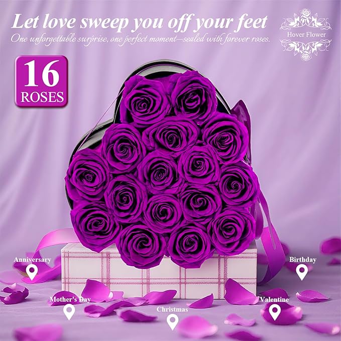 16 Forver Preserved Flowers in a Heart Box, Flowers for Her,Eternal Roses Flowers for Delivery Prime, Flowers Birthday Gifts for Women Mom Grandma Wife - Purple