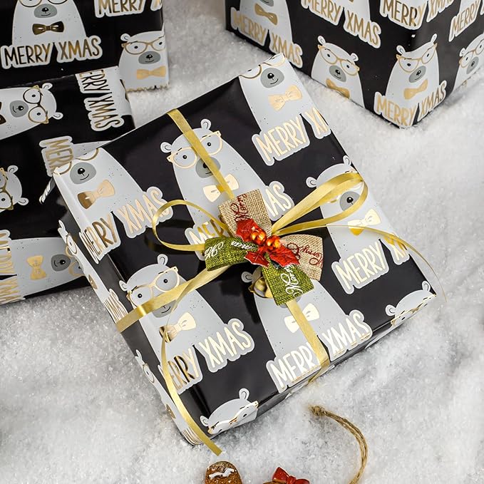 MAYPLUSS Metallic Foil Christmas Gift Wrap Paper - 17 Inch X 33 Feet - Cute Luxury Golden Bear w/Sunglasses on Black Design Winter Holiday Gift Wrap Present Paper Sheet for Party Birthday Baby Shower