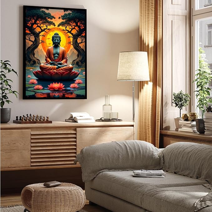 Canvas wall art Golden Buddha on lotus at sunset Ancient trees with reflections on water Serene meditation scene Uplifting wall art for mindfulness and tranquil home decor 12x18in Metal blackFramed