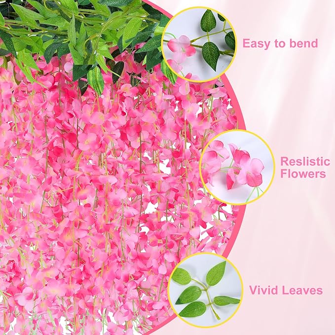 Wisteria Artificial Flowers Garland，10Pcs Total 60ft Silk Fake White Wisteria Flowers Hanging for Home Garden Wedding Arch Party Indoor Outdoor Decor(10,Pink)