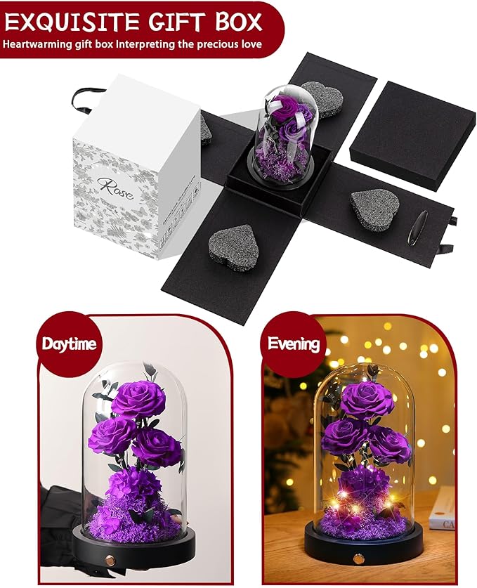Christmas Flowers Roses Gifts for Mom,Forever Real Preserved Roses in Glass Dome,Christmas Anniversary Thanksgiving Gifts for Wife Girlfriend Women Best Friend Grandma/Purple Rose