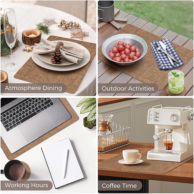 Vinyl Placemats Set of 4, Faux Leather Waterproof and Heat Resistant Place Mats, Washable Anti-Slip Table Mats with Coaster, Wipeable Placemats for Indoor & Outdoor 17" x 12" (Light Brown, Set of 4)