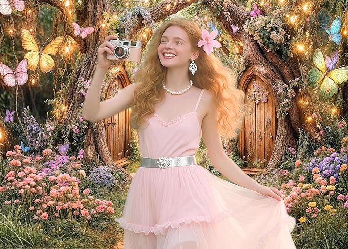 7X5ft Enchanted Forest Backdrop Fairy Tale Magic Garden Wonderland Floral Butterfly Photography Background for Kids Girls Baby Shower Birthday Party Decoration Cake Table Photo Booth Props