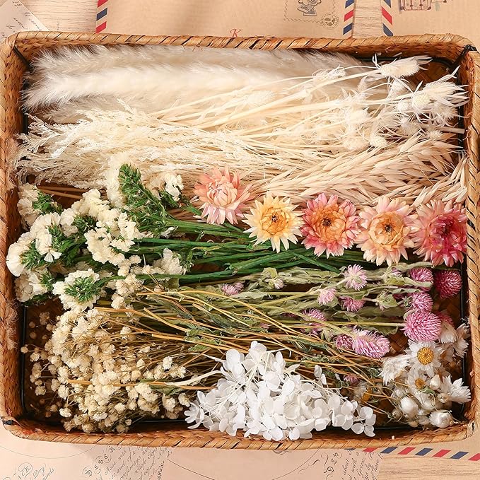 10 Kinds of Dried Flowers for Crafts Green Series Natural Dried Flowers Dry Hydrangea Daisy Babys Breath with Stems Boho Wedding Flower Bouquets with Hemp DIY Floral Arrangement Rope for Home Decor