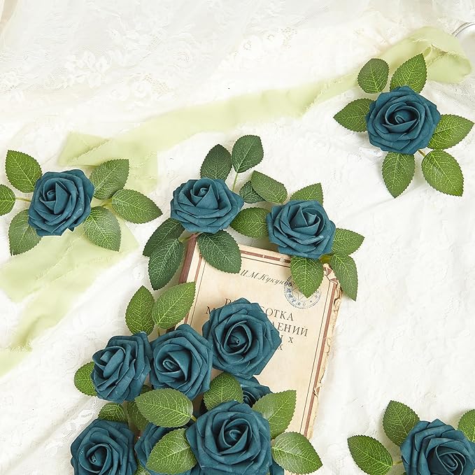Artificial Flowers, 100pcs Artificial Rose for DIY Wedding Bouquets Centerpieces Arrangements, Dark Teal Fake Rose with Stems for Birthday Bridal Shower Graduation Events Decoration