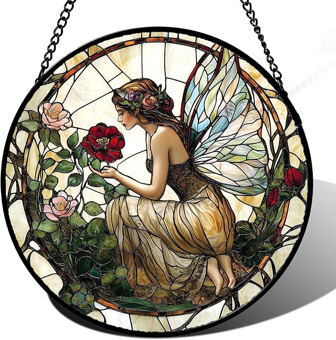 Stained Glass Window Hanging - Butterfly Flower Fairy Suncatcher for Door Terrace Garden Home Decor Yellow Green Plants Sun Catcher Birthday Gifts for Lovers Women Men Dad Mom Nana 6.3 in
