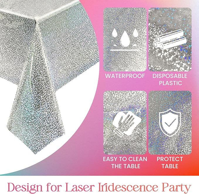 1 pcs Silver Holographic Tablecloths Shiny Disco Laser Table Cloths 40" x 108" Iridescence Plastic White Table Cover for Birthday Party Decoration Wedding Christmas Winter Grad Party Supplies