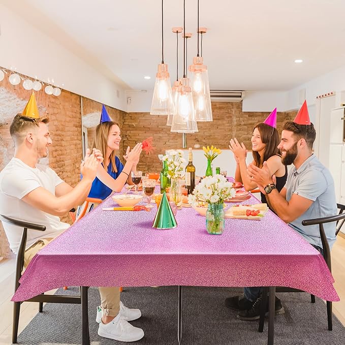 4 Pcs Pink Holographic Plastic Tablecloths Laser Table Covers 40" x 108" Foil Disposable Table Cloths for Themed Birthday Party Wedding Christmas Holiday Party Decorations