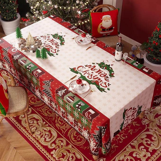 Christmas Rectangle Table Cloth,100% Waterproof Tablecloth,Christmas Decorations for Home, Vinyl Tablecloth Plastic Table Cover for Party，Picnic,Dining,Outdoor 54" x 102",Christmas Trees