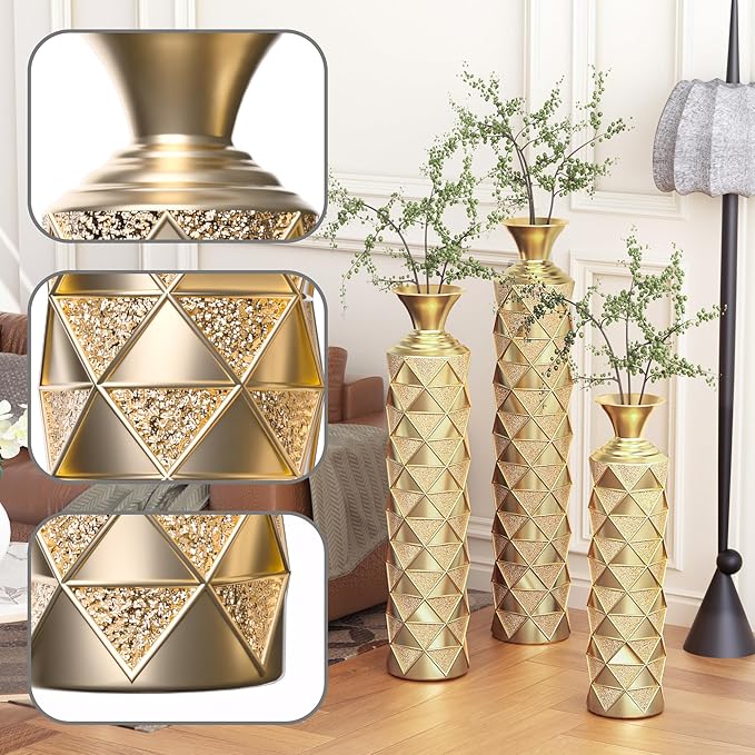 Floor Vases, Tall Home Decor Metal Vase Set of 3 Large Glazed Decorative Vases for Wedding Decor, Elegant Modern Flower Holder for Living Room, Entryway, Hallway, Dining Room