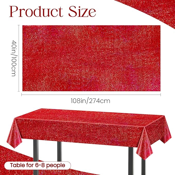 2 pcs Red Holographic Laser Tablecloths for Parties 40" x 108" Christmas Table Cloth Iridescence Shining Table Decoration For 4th July Graduation Patriotic Casino Night Theme Birthday Party Supplies