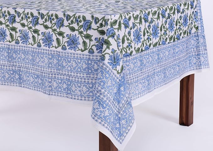 ATOSII Taj 100% Cotton Summer Tablecloth, Block Print Floral Rectangle Table Cloth for Dining Table I Parties Wedding Outdoors, Grand Millenial Decor 60 X 108 Inches I 8 Seater