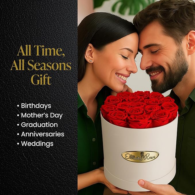 The Eternity Rose 16-Piece Preserved Roses in a Luxury Gift Box – Real Roses in White Round Box – A Valentine’s Gift as Everlasting as Your Love