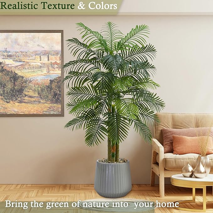 Artificial Golden Cane Palm Tree：6T Fake Large Tropical Areca Palm Trees Tall Faux Silk Plant in White Pot with Realistic Triple Textured Trunks for Office Outdoor Home Decor Hotel Patio Lobby
