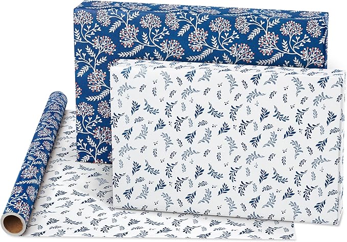 American Greetings 175 sq. ft. Reversible Wrapping Paper for Weddings, Baby Showers, Bridal Showers, Anniversaries, Birthdays and All Occasions, Blue Floral Damask (1 Roll, 30 in x 70 ft.)
