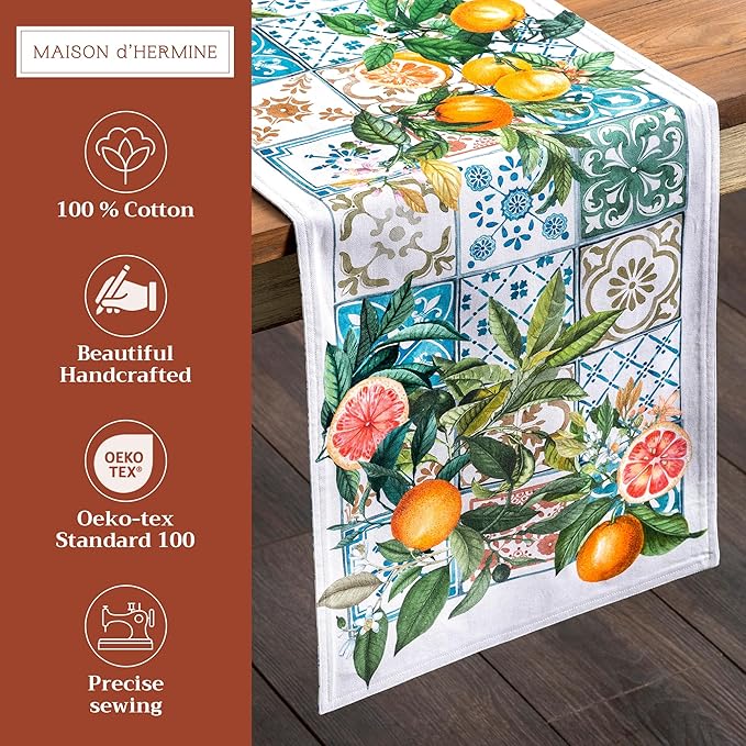 Maison d' Hermine Table Runner 100% Cotton Double Layer Table Runners 108 inches Long Decorative for Home Kitchen Dining Party Baby Shower Wedding Bridal Shower Spring Summer (Agrume, 14.50" x 108")