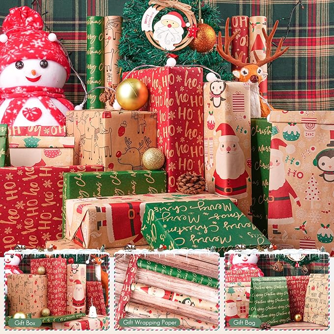 Happypapa Christmas Wrapping Paper, Kraft Xmas Wrapping Paper Rolls - Santa Claus, Gift, Reindeer and Merry Christmas Pattern - 4 Rolls - 17 Inch × 120 Inch Per Roll