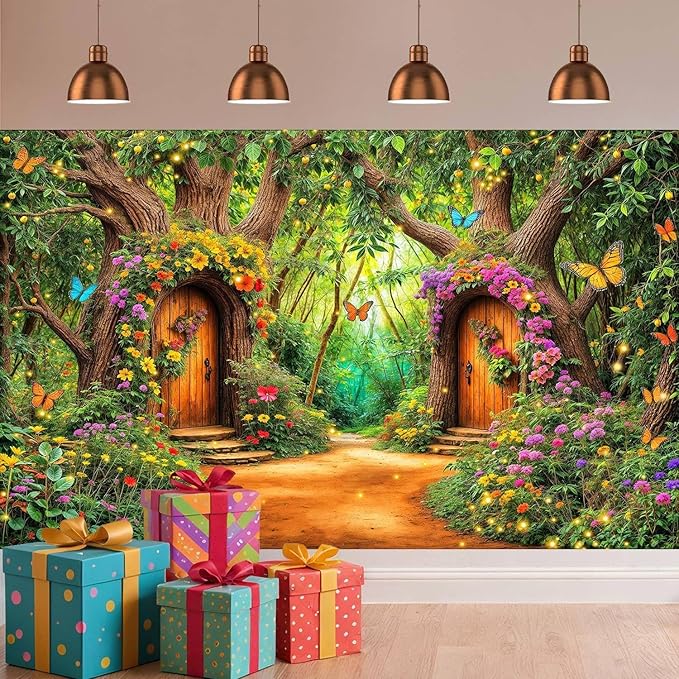 10X8ft Enchanted Forest Backdrop Fairy Tale Green Garden Wonderland Tree House Floral Butterfly Background for Kids Girl Baby Shower Birthday Party Decoration Banner Cake Table Photo Booth Props