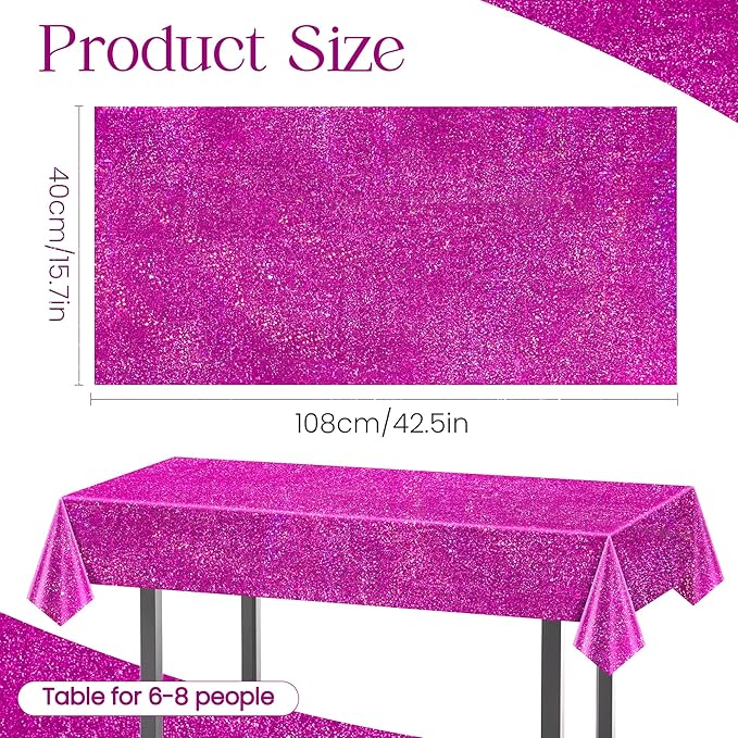 2 Pcs Fuchsia Red Holographic Plastic Tablecloths Laser Table Covers 40" x 108" Foil Disposable Table Cloths for Themed Birthday Party Wedding Christmas Holiday Party Decorations