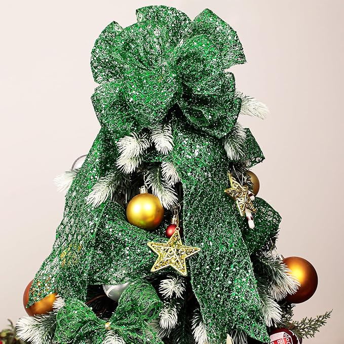 VATIN 6" Green Christmas Ribbon, Green Glitter Mesh Diamond Web Sequin Dots Wired Christmas Ribbon for Gift Wrapping Bow Making Wreath Supply-10 Yards