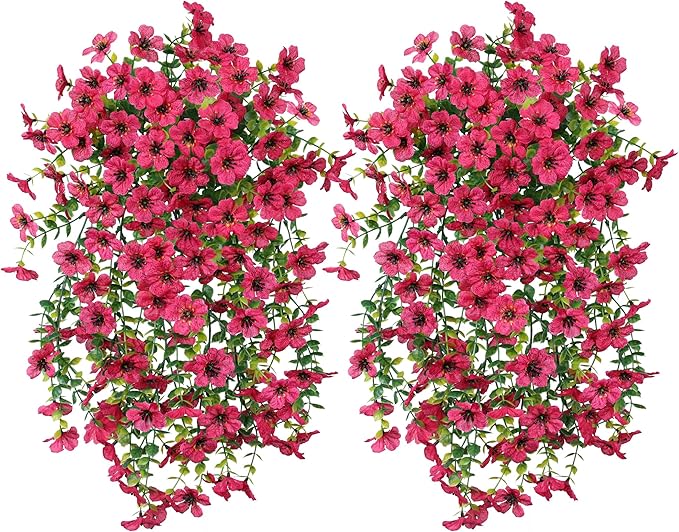 INSPRING Artificial Faux Outdoor Outside Flowers Plants, 2 PCS Fake Silk UV Resistant Look Real Hotpink Daisy Trailing Vines for Front Door Porch Planter Urn Patio Balcony Decoration