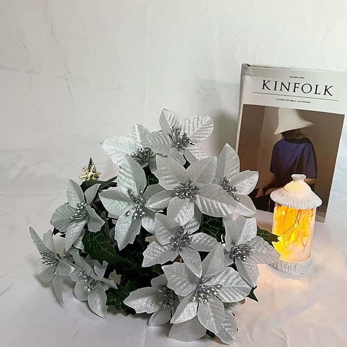 6 Pack Slive Christmas Artificial Poinsettia Flowers Faux Poinsettia Bush Bouquets Silk Poinsettia Christmas Tree Ornaments Poinsettia Flower Arrangement for Home Decor