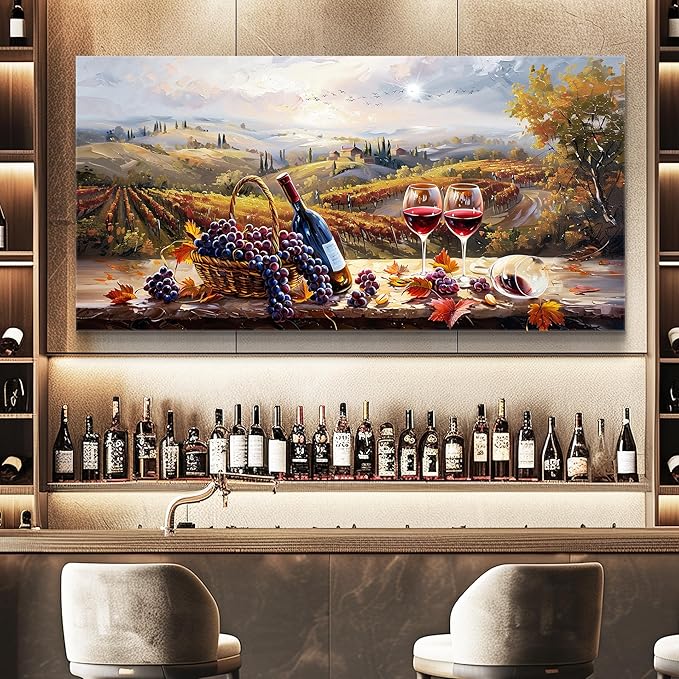 hyidecorart Rustic Wine Glass Large Canvas Wall Art Dining Room Kitchen Still Life Painting Vintage Farmhouse Restaurant Decoration Artwork Prints for Bar Living Room Posters Landscape Wall Decor