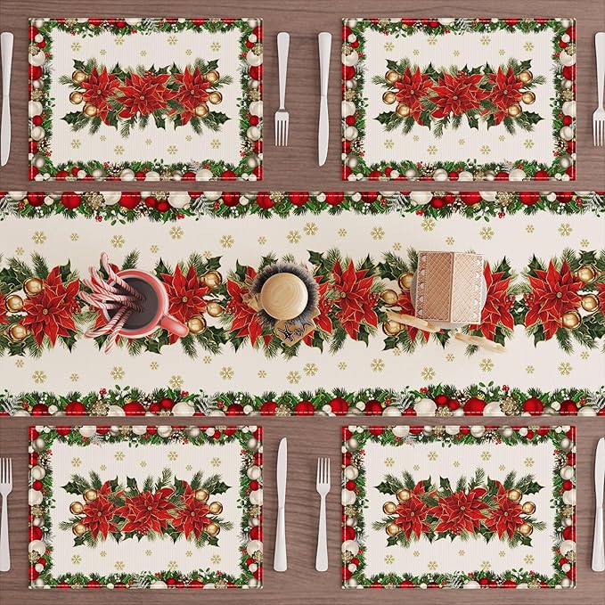 XCHI Christmas Poinsettias Leaves Bells Snowflakes Winter Xmas Placemats Set of 4 Table Mats for Party Home Kitchen Dining Table Decorations 12x18 Inch