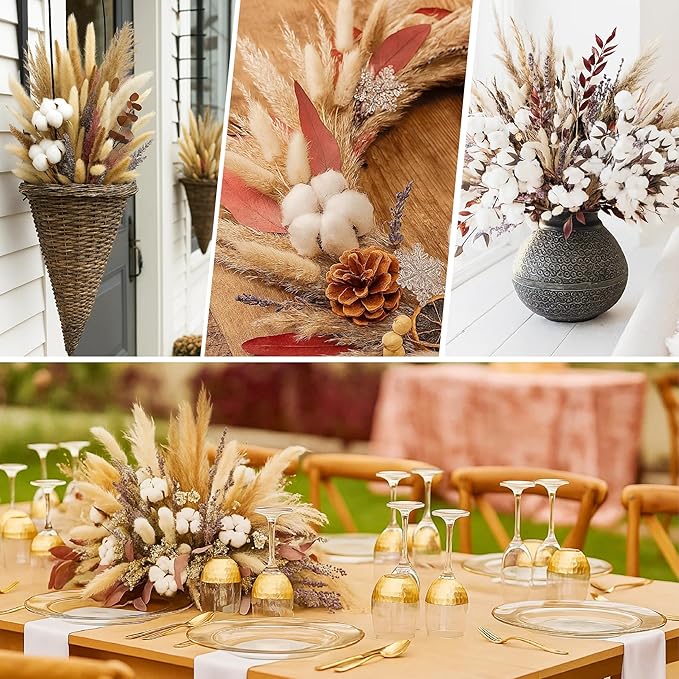 120Pcs Natural Dried Cotton Flower Bouquet - 17'' Boho Pampas Grass, Lavender, Cotton Stems, Bunny Tails, Eucalyptus & Wheat - Rustic Boho Farmhouse Decor for Vase, Wedding, DIY Crafts