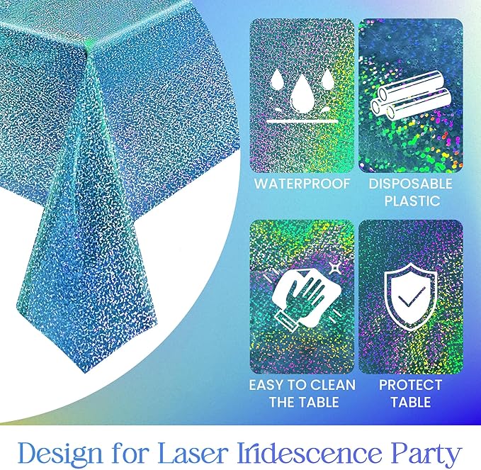 2 pcs Light Blue Holographic Plastic Tablecloths Laser Table Covers 40" x 108" Foil Disposable Table Cloths for Party Birthday Wedding Christmas Holiday Party Decorations