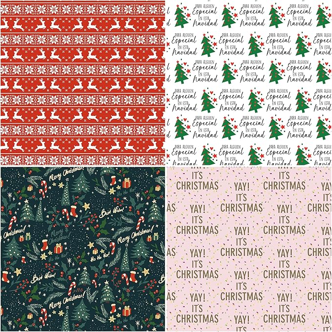 4 Rolls Christmas Wrapping Paper, 30 Inch x 14.8 Feet per Roll, Totaling 148 sq. ft. – Reindeer, Tree, Snowflake & Pink Letter Designs, Eco-Friendly & Durable Gift Wrap for Christmas Presents and Holiday Decorations