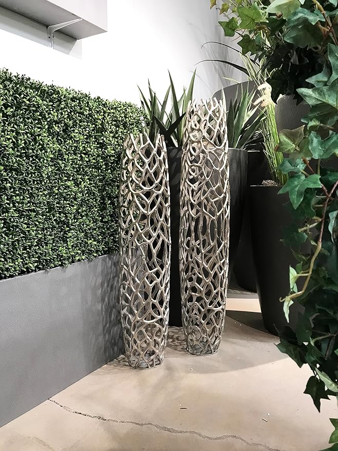 Modern Day Accents 3603 Rama Silver LG Twigs Barrel Floor Vase, Statement Piece, Tall Standing, Corner Decor 9" Lx 9" W x 31.5" H, House & Office Decor