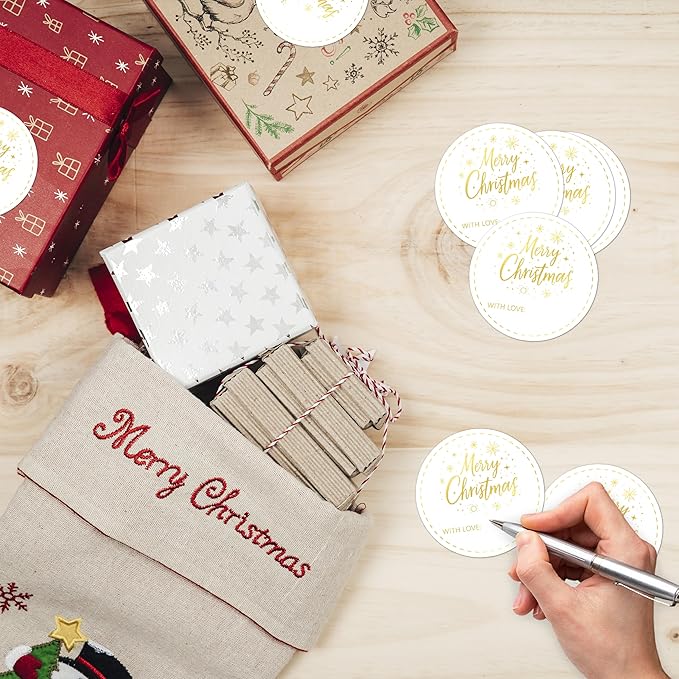 Christmas Gifts Tags Stickers for Gifts, 30 Pcs Gold Merry Christmas Name Tags, 2.5x2.5 Inch Holiday Presents Sticker Labels, Festive Chrismas Name Tag for Gift Wrapping Bags Classroom-D12