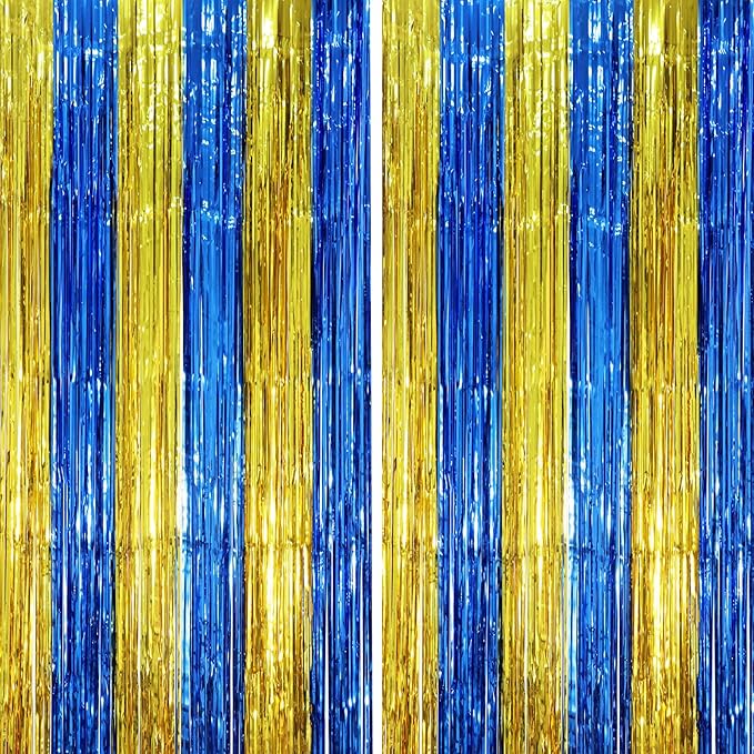 2 Pack Blue Gold Foil Fringe Backdrop Curtains, Graduation Tinsel Streamers Party Decorations, Fringe Backdrop, Door Shimmer for Birthday Party
