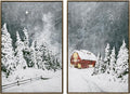 ArtbyHannah Framed Christmas Canvas Wall Art Decor Set of 2, Large Xmas Pictures Prints Paintings for Living Room Bedroom, Winter Holiday Home Indoor Decorations with Red House and Tree (16x24 Inch)