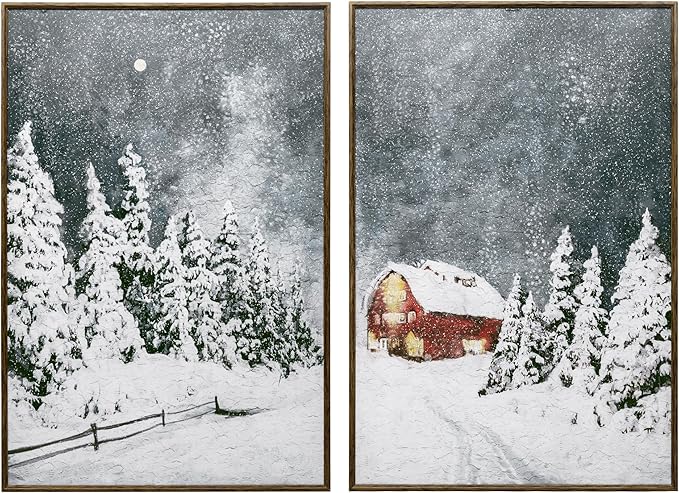 ArtbyHannah Framed Christmas Canvas Wall Art Decor Set of 2, Large Xmas Pictures Prints Paintings for Living Room Bedroom, Winter Holiday Home Indoor Decorations with Red House and Tree (16x24 Inch)