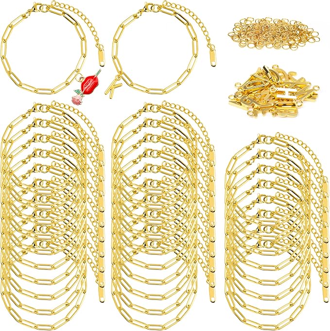 Starry 30pcs Gold Charm Bracelet Making kit 6.3Inch 18k Gold Plated Paperclip Chains Adjustable Bracelets with Lobster Clasps for DIY Women Jewelry Findings Bracelet Making Supplies Accessories