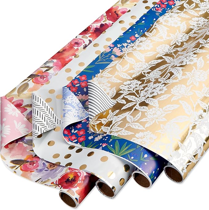 American Greetings 120 sq. ft. Reversible Flower Wrapping Paper Set for Birthdays, Weddings, Bridal Showers, Floral, Stripes and Polka Dots (4 Rolls, 30 in. x 12 ft. each)