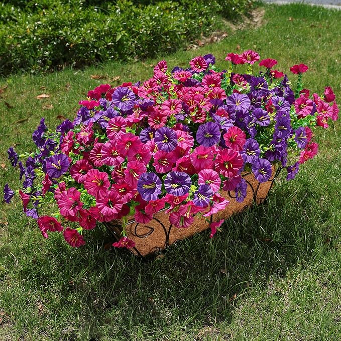 HyeFlora Artificial Flowers for Outdoors Fake Plants Outside Decoration, 12 Bundles Silk Colorful Morning Glory with Eucalyptus UV Resistant Realistic Faux Flowers for Planter Porch Patio Yard Garden