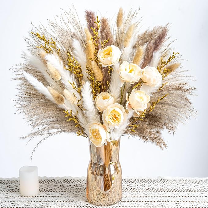 Boho Decor Bouquet - Artificial Flowers and Pampas Grass Decor kit,Mix Dried Flower Arrangement Bunny Tail Home Table Rustic Farmhouse Bedroom Decor